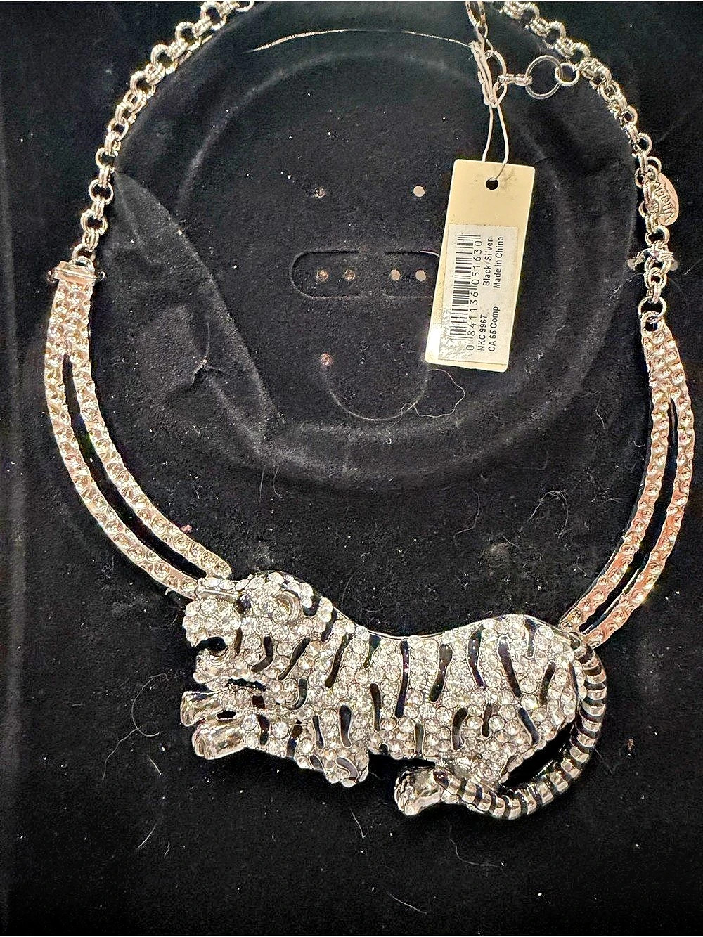 Amrita Singh Tiger Necklace Crystal Tiger Pendant Necklace Silver & Black NWT